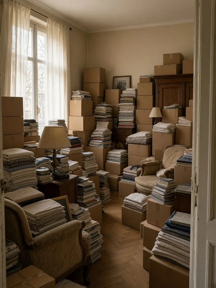Illustration d’un séjour encombré de meubles et de cartons